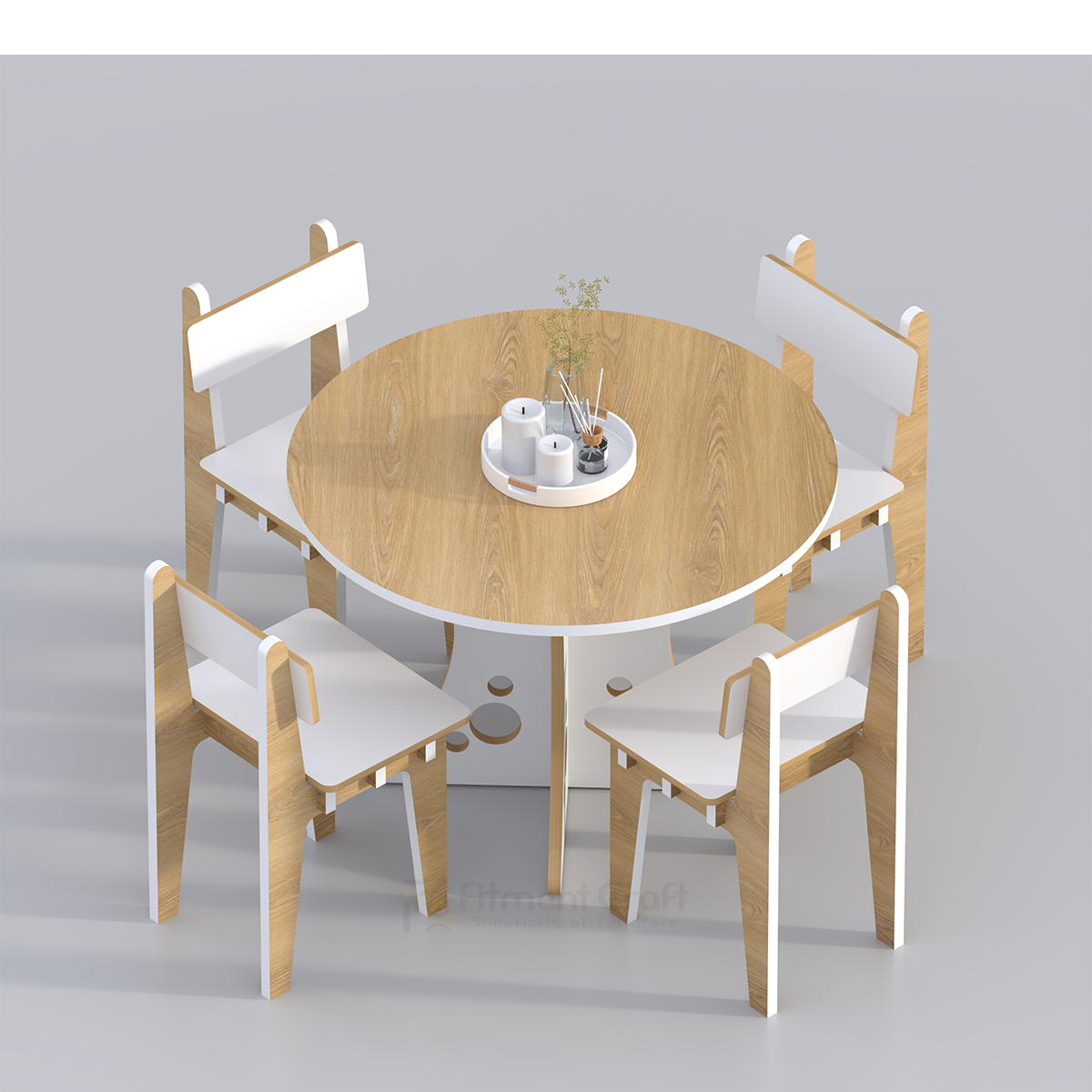Round Meal dining table with light top and four white chairs, overhead view