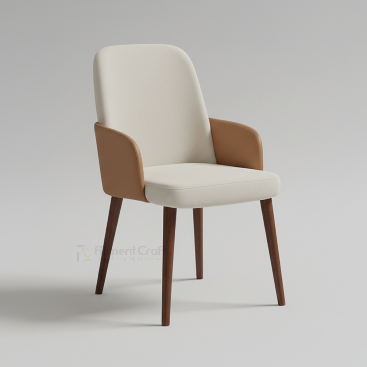Milo dining chair with cream upholstery, tan side panels and four brown legs