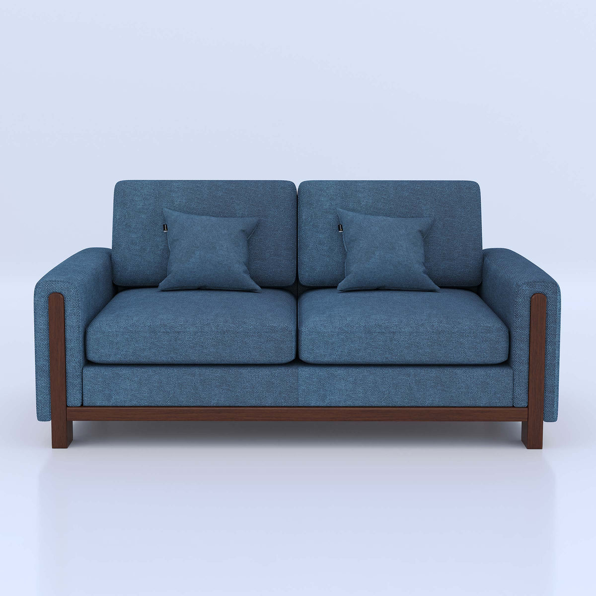 Blue Mishu two-seat sofa with matching cushions and brown frame, front view