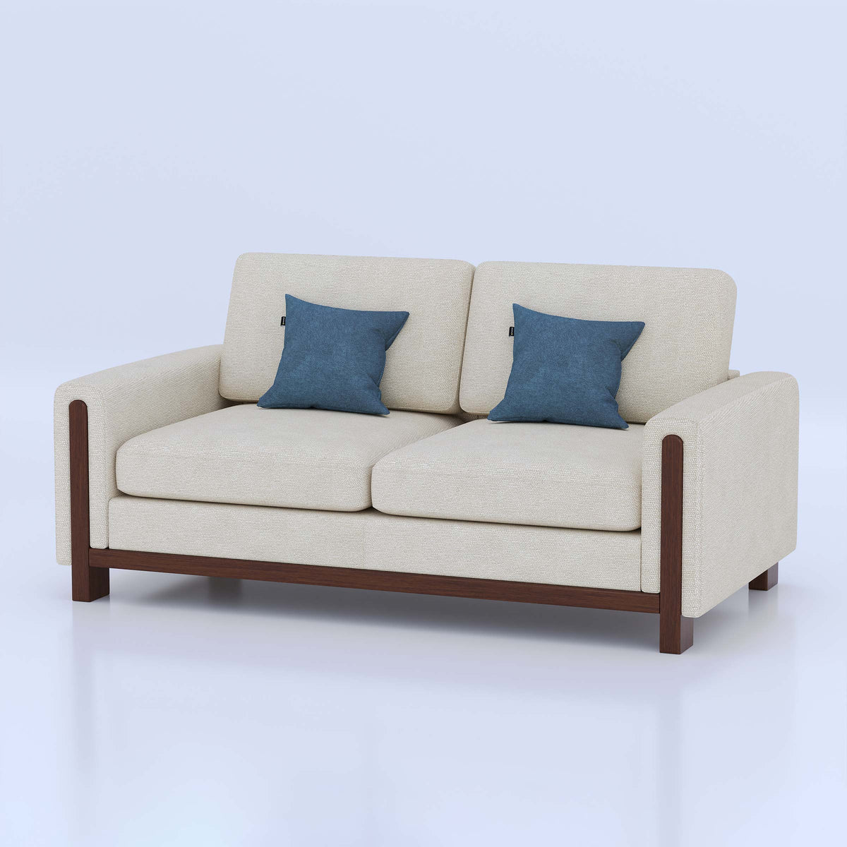 Cream Mishu two-seat sofa with blue cushions and brown frame