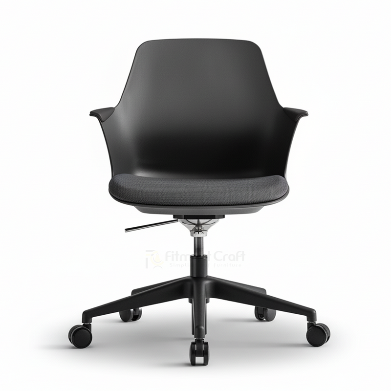 Black Modax swivel chair with matching wheeled base, front view