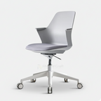 Light grey Modax swivel chair with white wheeled base, angled view