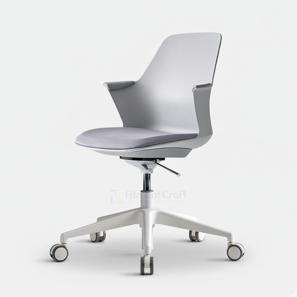Light grey Modax swivel chair with white wheeled base, angled view