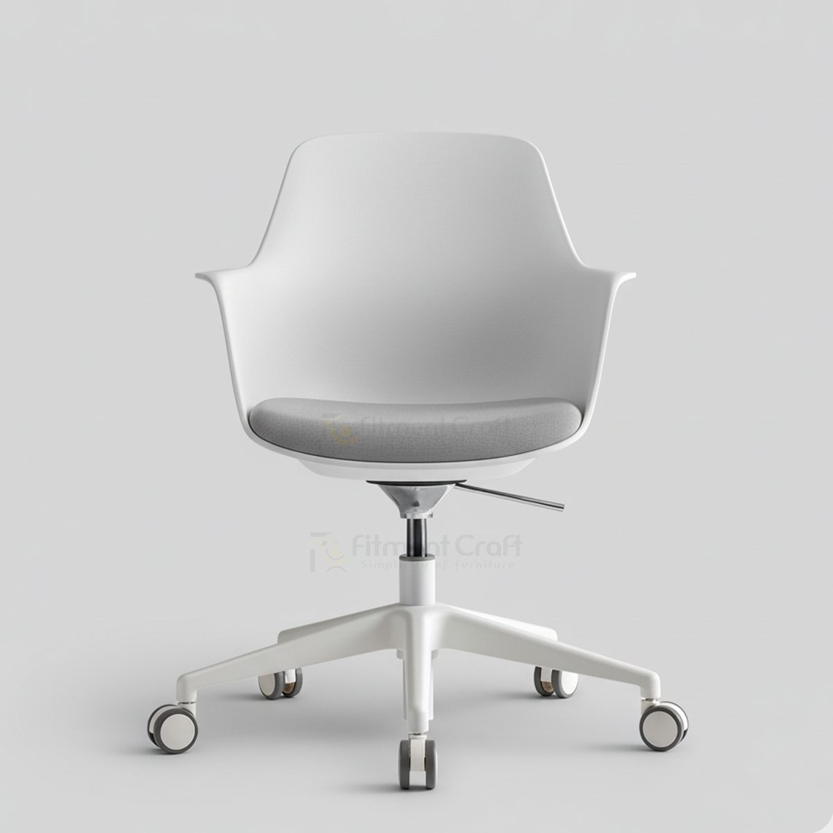 Light grey Modax swivel chair with white wheeled base, front view