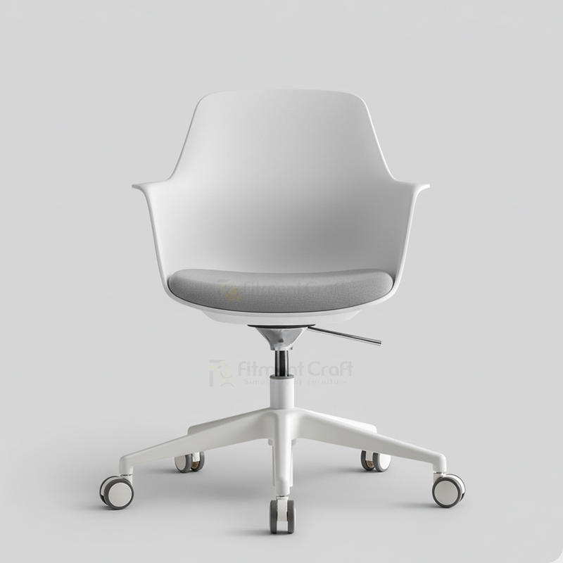 Light grey Modax swivel chair with white wheeled base, front view