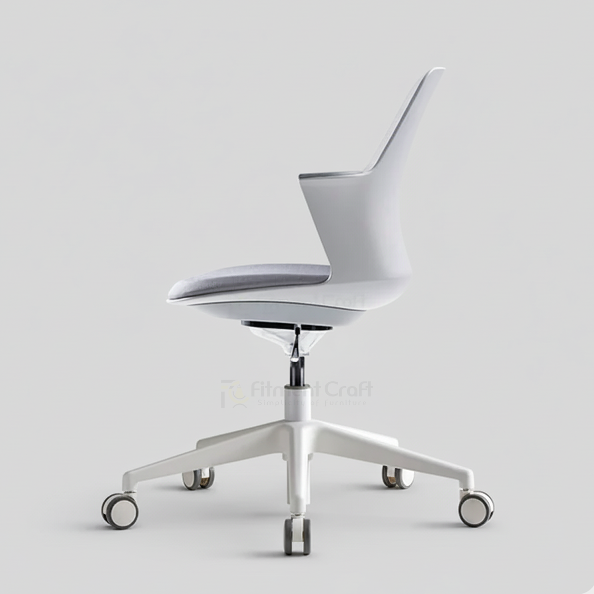 Light grey Modax swivel chair with white wheeled base, side view