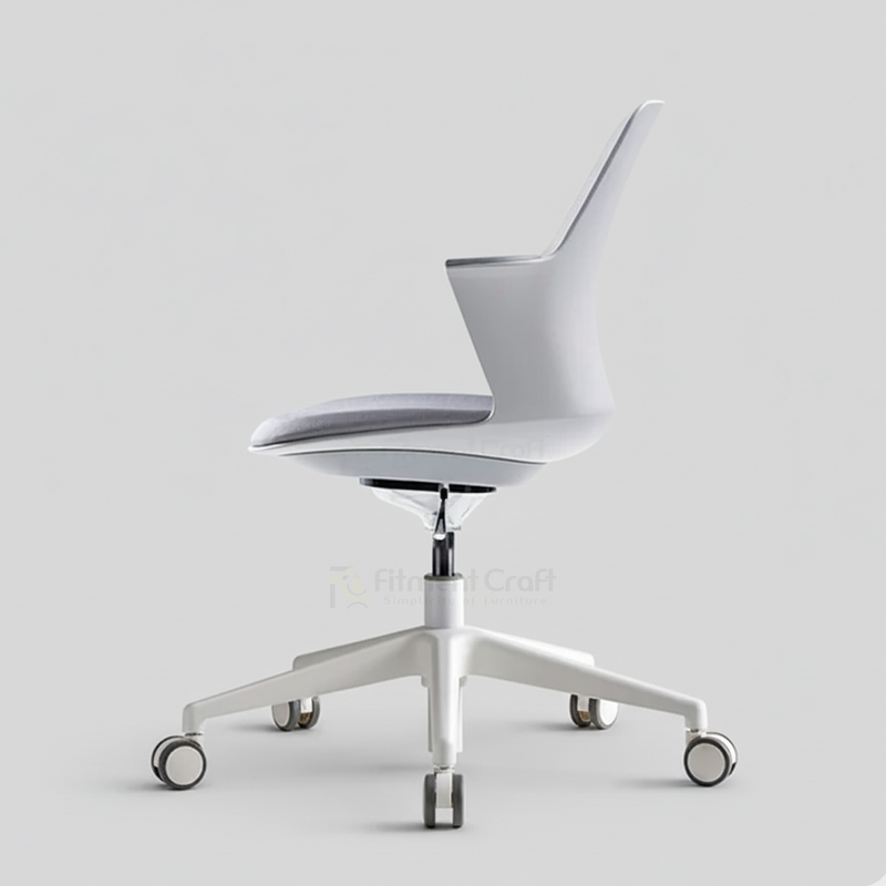 Light grey Modax swivel chair with white wheeled base, side view