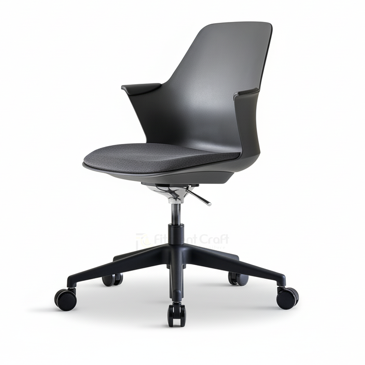 Black Modax office chair with curved shell, grey seat pad and caster base