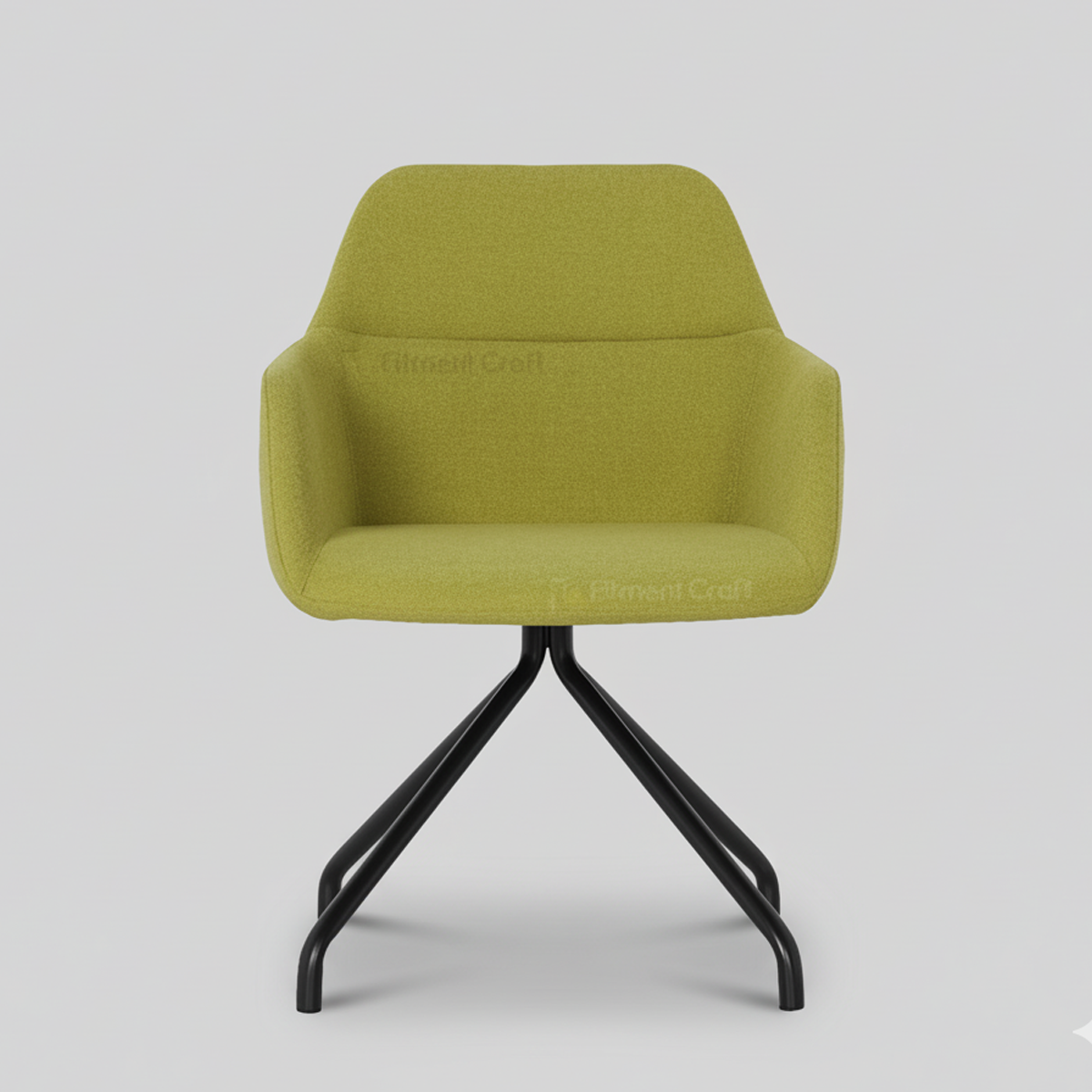 Green Morph upholstered chair with curved arms and black splayed base, front view