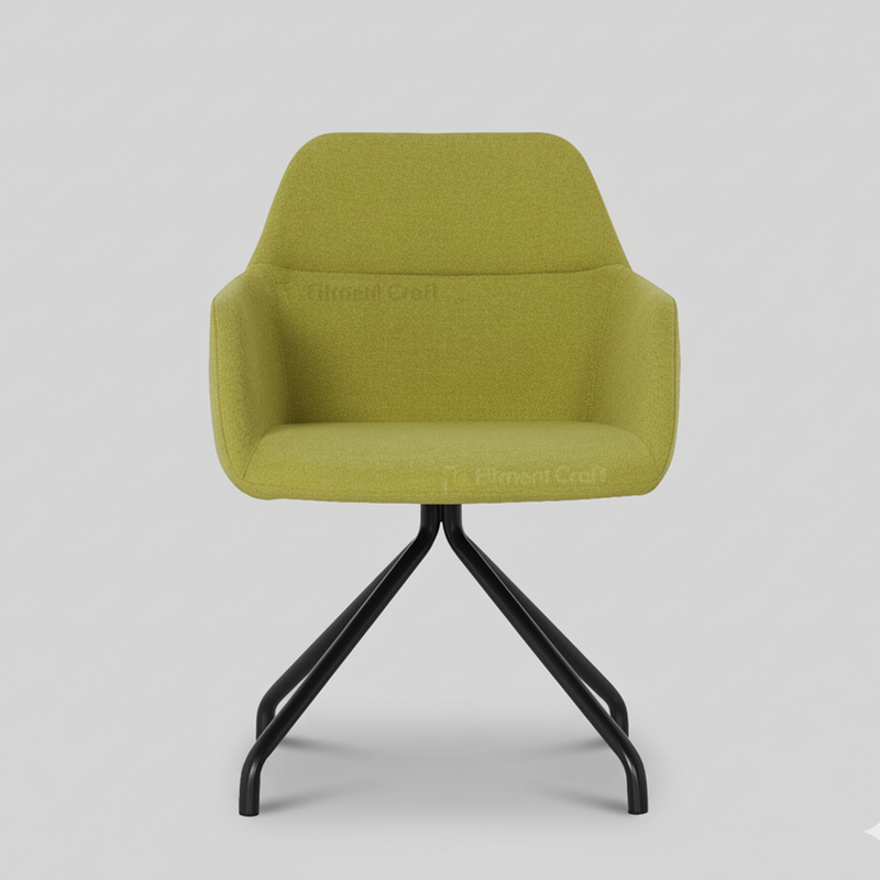 Green Morph upholstered chair with curved arms and black splayed base, front view