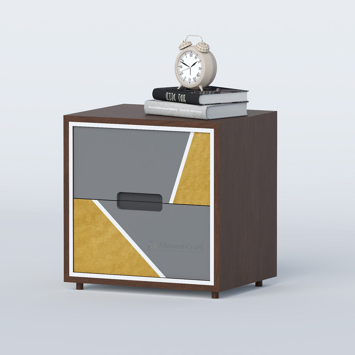 Mosaic bedside table with grey and yellow geometric drawer fronts, angled view