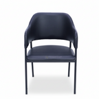 Dark blue Nadra chair with curved padded back and slim dark legs, front view