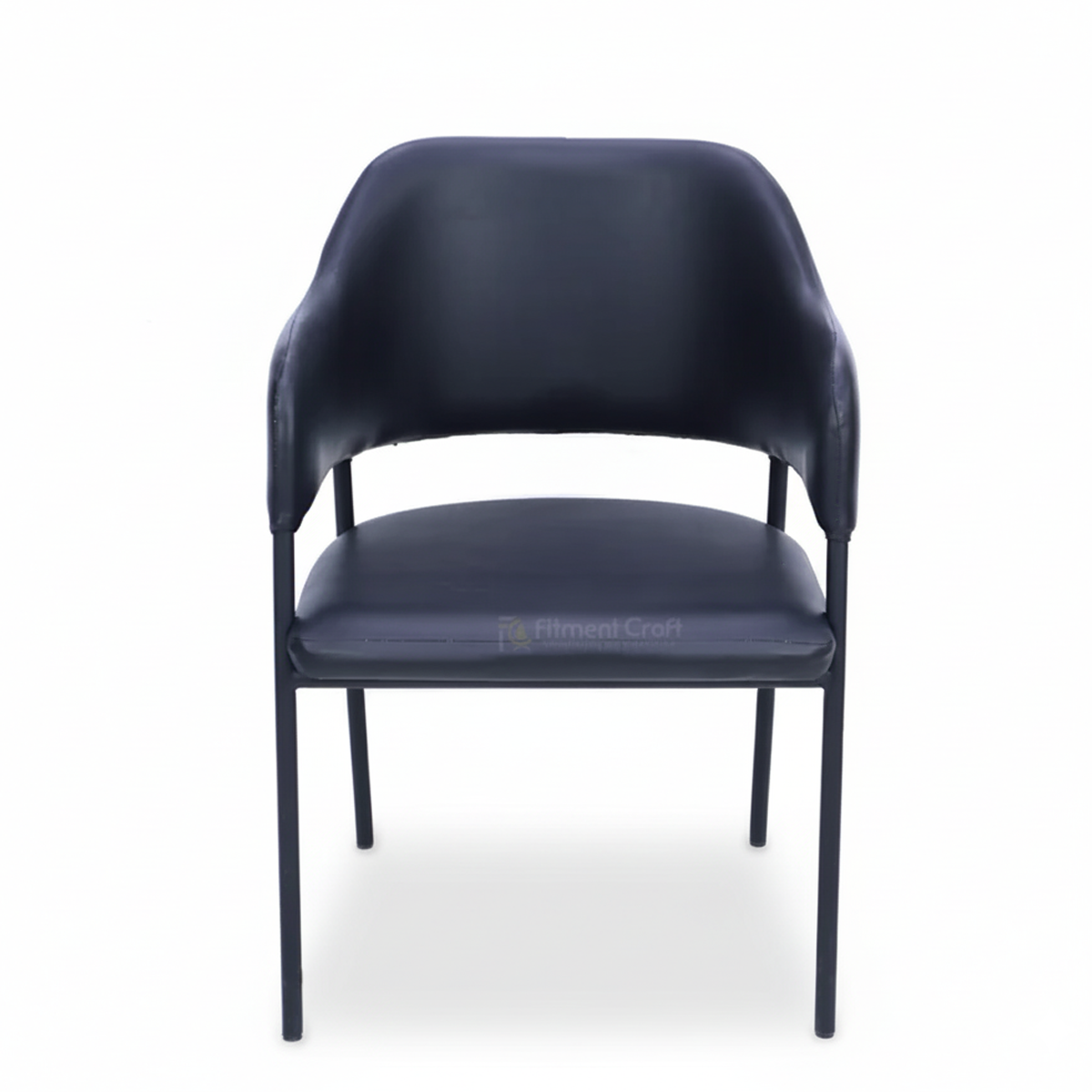 Dark blue Nadra chair with curved padded back and slim dark legs, front view