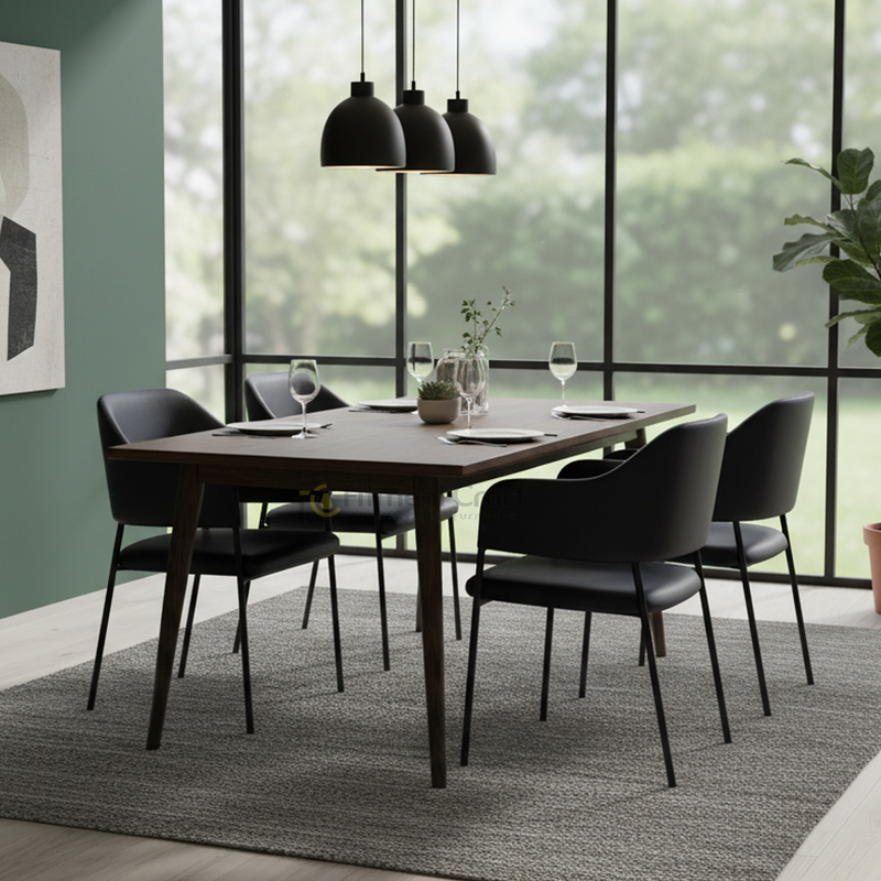 Dark Nadra dining chairs arranged around a table beside large windows