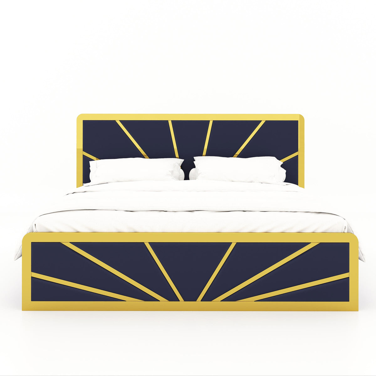Navy Blake bed front view with gold-tone sunburst details and white bedding