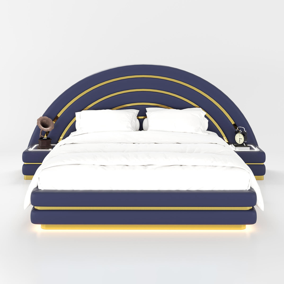 Navy Harlo bed front view with arched gold-trimmed headboard and bedside cabinets