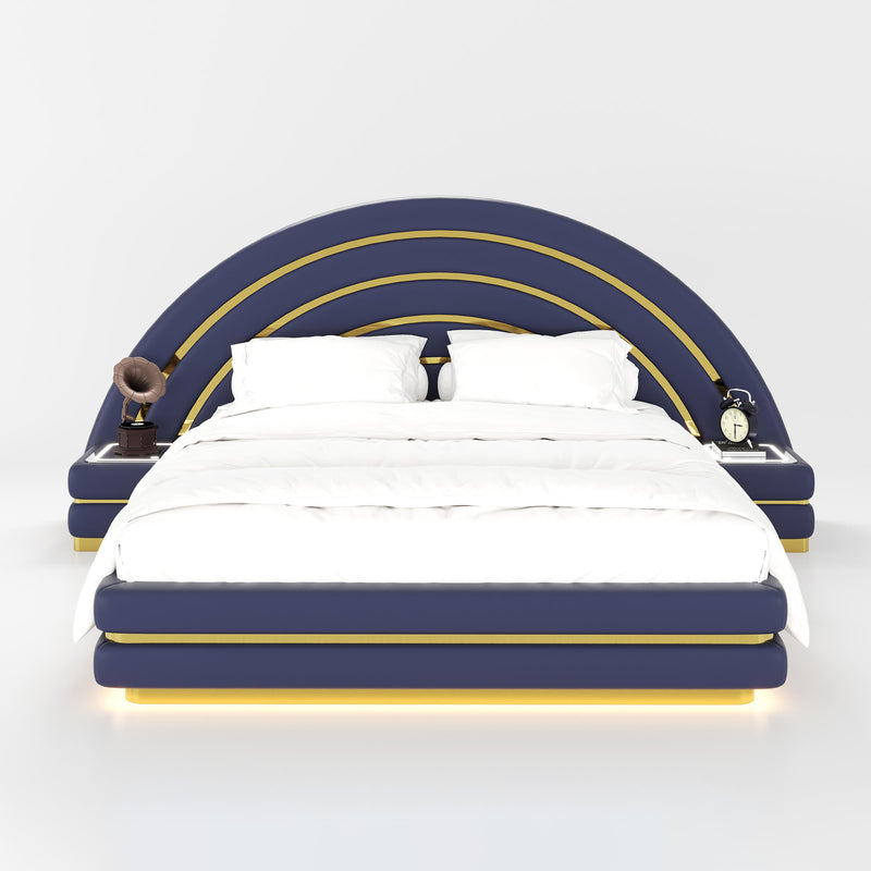 Navy Harlo bed front view with arched gold-trimmed headboard and bedside cabinets