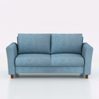Light blue Nazom two-seat sofa with straight back cushions and short brown legs