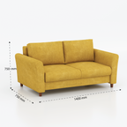 Mustard yellow Nazom two-seat sofa with dimension annotations