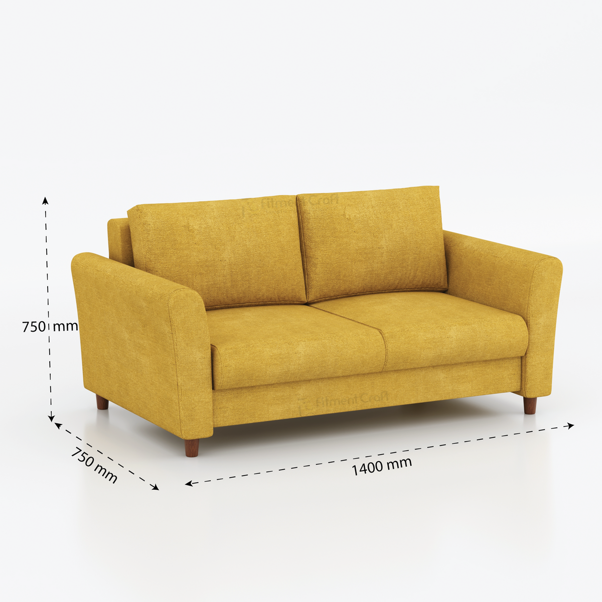 Mustard yellow Nazom two-seat sofa with dimension annotations