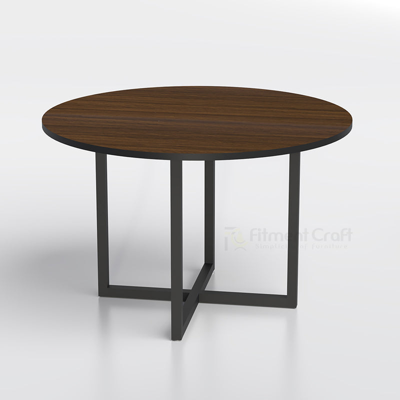 Dark wood-tone NestFour round table with black crossed frame, without stools