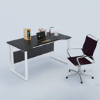 New Executive desk with dark top, white frame and matching modesty panel beside an office chair