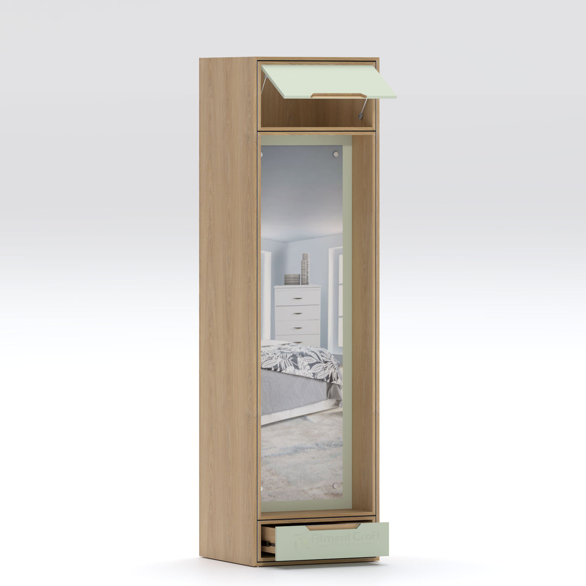 Nexa dressing cabinet with upper compartment and lower drawer open