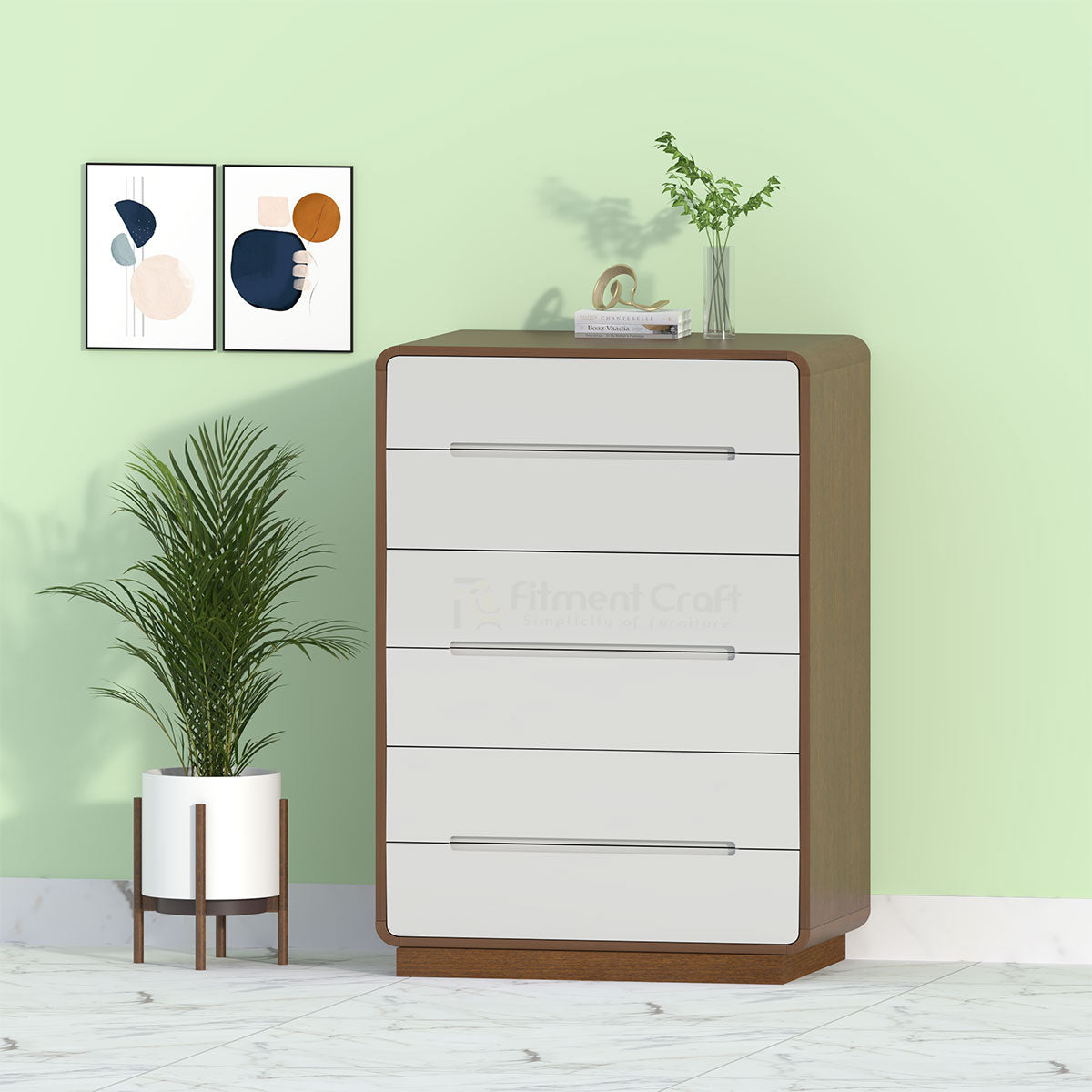 Nitya Light wardrobe with white drawer fronts and rounded brown surround in a room