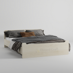 Pale wood-tone Nocturnal semi-double bed with grey bedding, angled front view