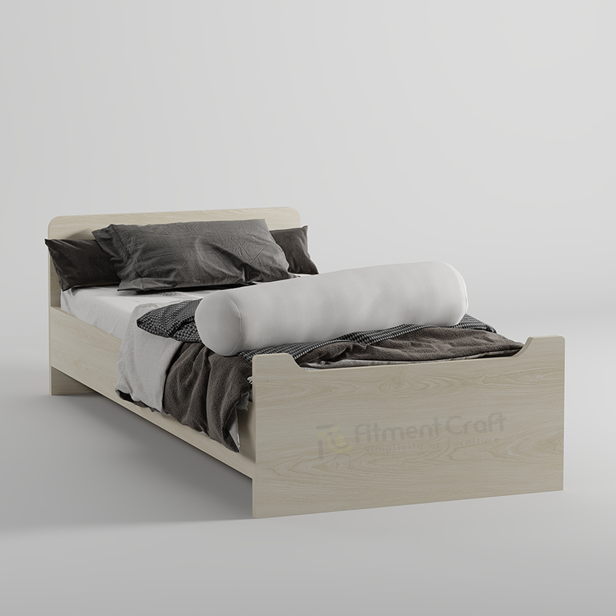Light wood-tone Nocturnal single bed with grey bedding, angled front view