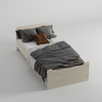 Light-coloured Nocturnal single bed with grey bedding, angled view