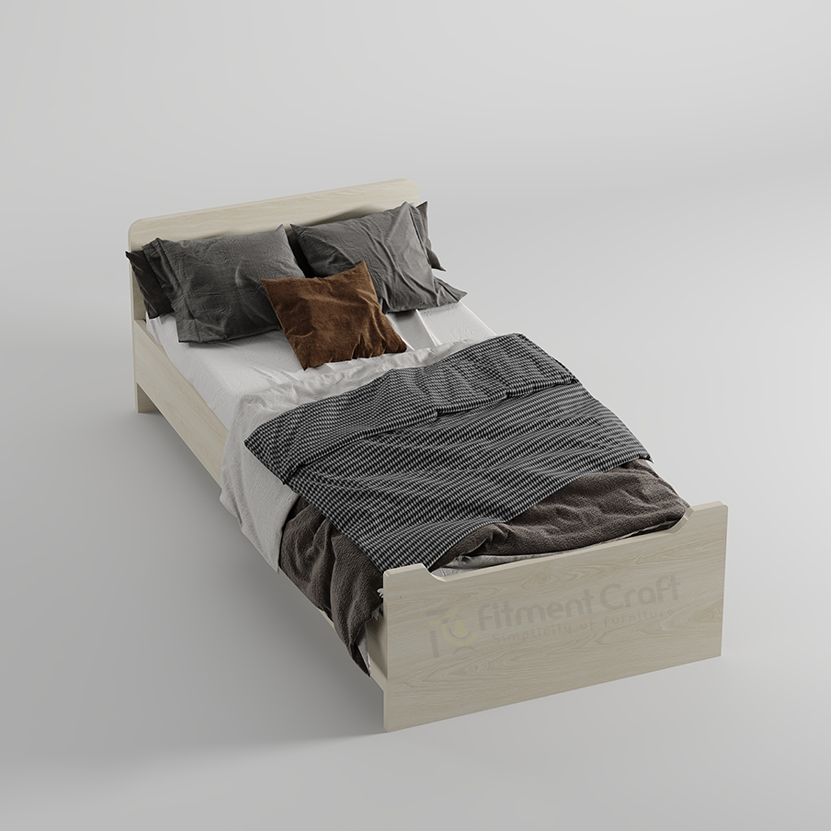 Light-coloured Nocturnal single bed with grey bedding, angled view