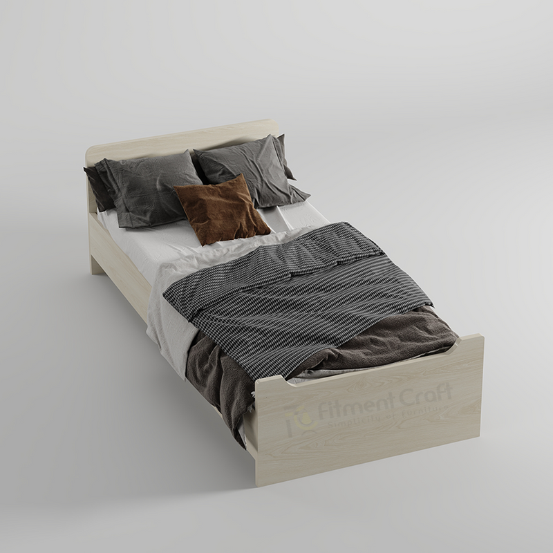 Light-coloured Nocturnal single bed with grey bedding, angled view