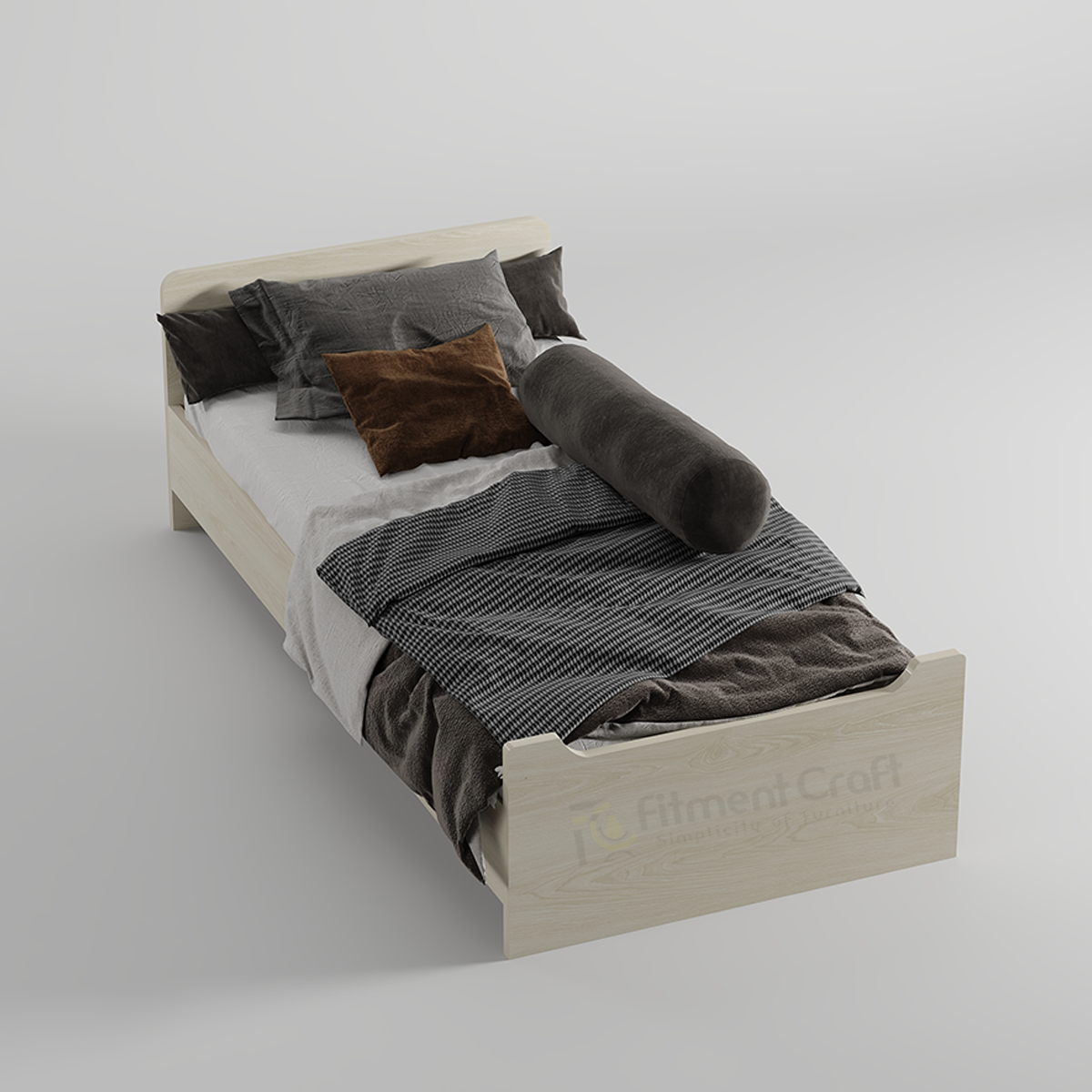 Light wood-tone Nocturnal single bed with grey bedding, overhead angled view
