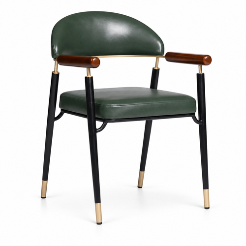 Three-quarter view of Noren green café armchair with black legs and gold-tone accents
