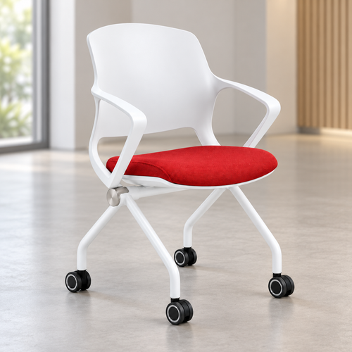 Nuvell Cushioned Office Armchair in a softly blurred AI-generated office reception, with the full chair visible.