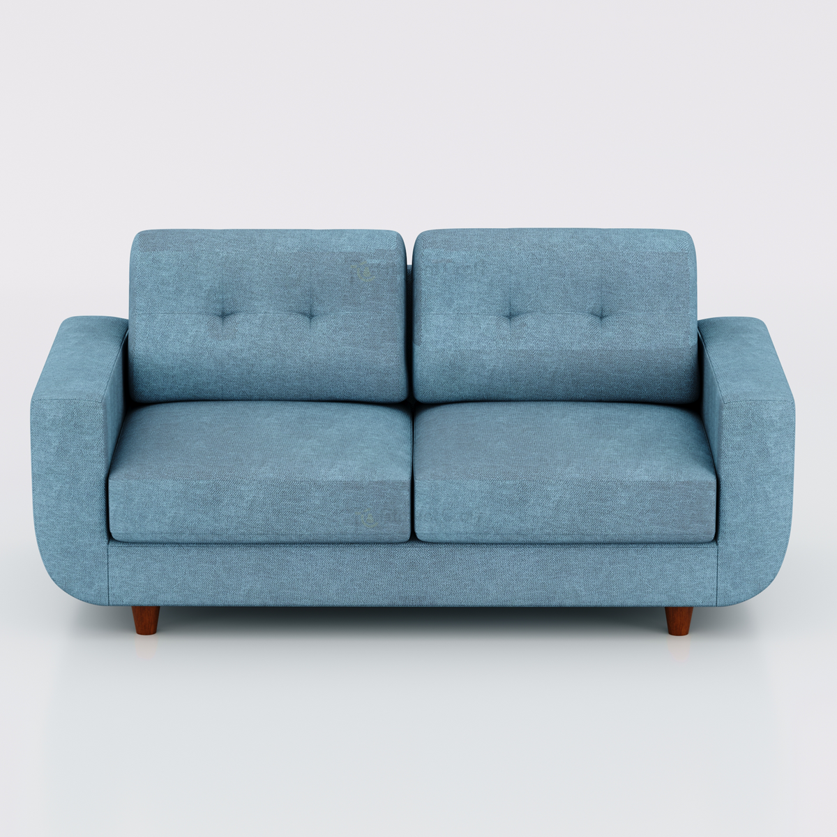 Blue Nuvra sofa with two buttoned back cushions and short brown legs