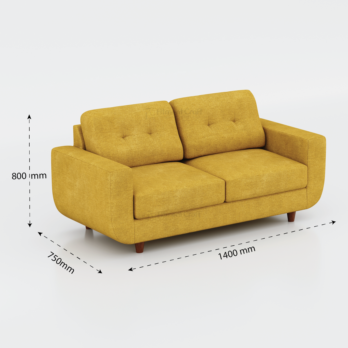 Mustard yellow Nuvra two-seat sofa dimension diagram