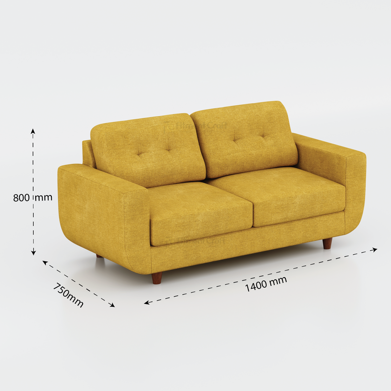 Mustard yellow Nuvra two-seat sofa dimension diagram