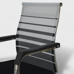 Close-up of Oden visitor chair striped mesh back and black armrests