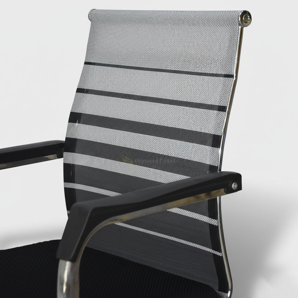 Close-up of Oden visitor chair striped mesh back and black armrests