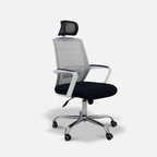 Opal Pro office chair with pale mesh back, black seat, headrest and silver wheeled base