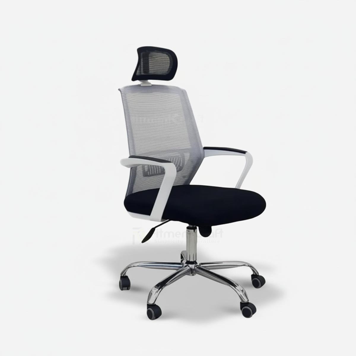 Opal Pro office chair with pale mesh back, black seat, headrest and silver wheeled base