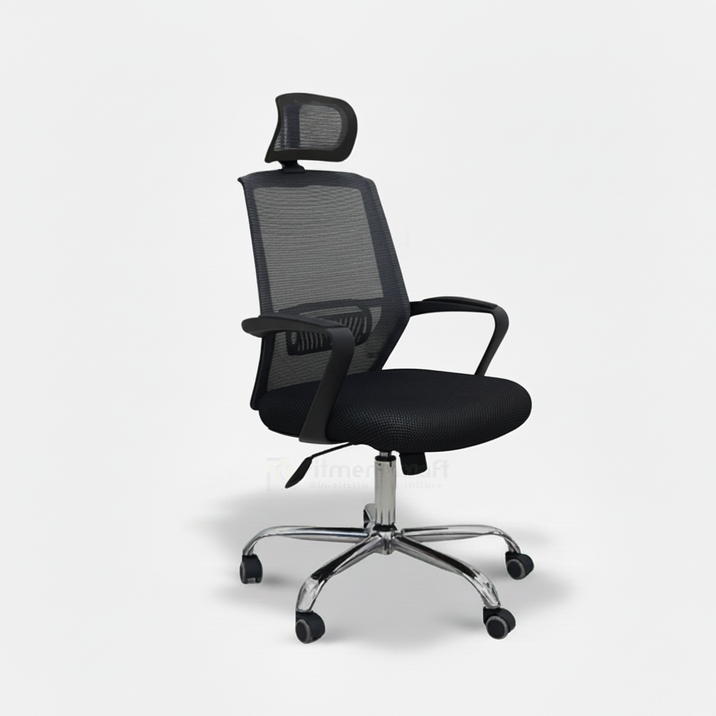 Black Opal Pro office chair with mesh back, headrest and silver wheeled base
