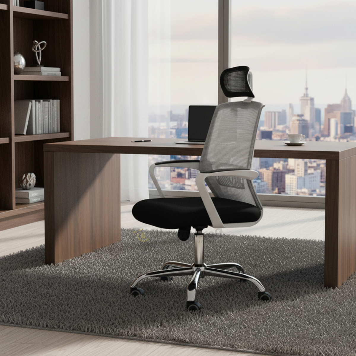 Grey Opal Pro office chair with mesh back and headrest beside a desk