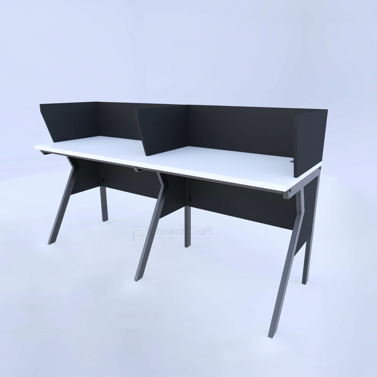 Orbix two-person workstation with white tops and black privacy panels