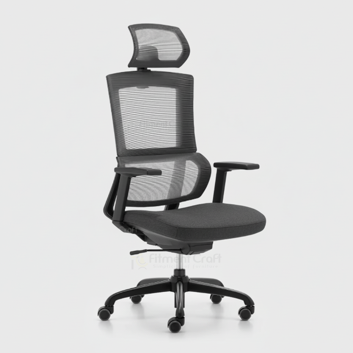 Black Orch office chair with mesh back, headrest and wheeled base