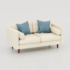 Cream Orchid two-seat sofa with blue cushions and matching cylindrical bolster cushions