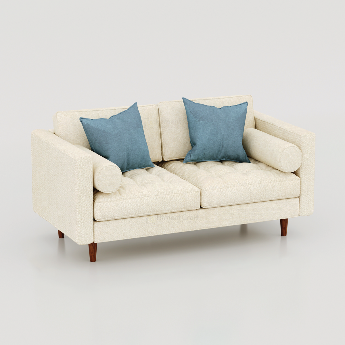 Cream Orchid two-seat sofa with blue cushions and matching cylindrical bolster cushions