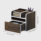 Ordain desk organizer with lower drawer open and dimension annotations